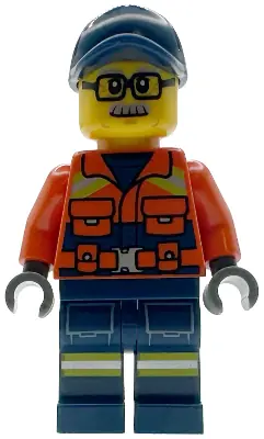 CTY1959:  Coast Guard City - Male, Reddish Orange Jacket with Pockets and Reflective Stripes, Dark Blue Legs with Pockets and Reflective Stripes, Dark Blue Cap, Glasses and Moustache