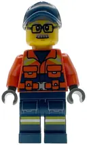 Minifigurka: CTY1959:  Coast Guard City - Male, Reddish Orange Jacket with Pockets and Reflective Stripes, Dark Blue Legs with Pockets and Reflective Stripes, Dark Blue Cap, Glasses and Moustache