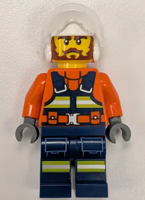 CTY1960:  Coast Guard City Helicopter Pilot - Male, Reddish Orange Jacket with Dark Blue Safety Vest, Dark Blue Legs with Pockets and Reflective Stripes, White Flight Helmet