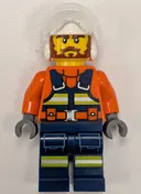 Minifigurka: CTY1960:  Coast Guard City Helicopter Pilot - Male, Reddish Orange Jacket with Dark Blue Safety Vest, Dark Blue Legs with Pockets and Reflective Stripes, White Flight Helmet