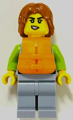 CTY1961:  Woman - Light Bluish Gray and Lime Wetsuit, Light Bluish Gray Legs, Dark Orange Hair, Orange Life Jacket