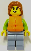 Minifigurka: CTY1961:  Woman - Light Bluish Gray and Lime Wetsuit, Light Bluish Gray Legs, Dark Orange Hair, Orange Life Jacket