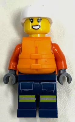 CTY1962:  Coast Guard City - Female, Reddish Orange Jacket with Pockets and Reflective Stripes, Dark Blue Legs with Pockets and Reflective Stripes, Orange Life Jacket, White Sports Helmet