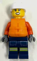 Minifigurka: CTY1962:  Coast Guard City - Female, Reddish Orange Jacket with Pockets and Reflective Stripes, Dark Blue Legs with Pockets and Reflective Stripes, Orange Life Jacket, White Sports Helmet