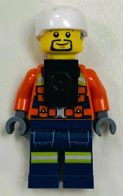 CTY1963:  Coast Guard City - Male, Reddish Orange Jacket with Pockets and Reflective Stripes, Dark Blue Legs with Pockets and Reflective Stripes, White Sports Helmet, Black Neck Bracket