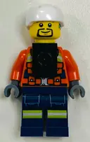 Minifigurka: CTY1963:  Coast Guard City - Male, Reddish Orange Jacket with Pockets and Reflective Stripes, Dark Blue Legs with Pockets and Reflective Stripes, White Sports Helmet, Black Neck Bracket