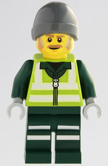 CTY1964:  Recycling Worker - Male, Lime Safety Jacket with Reflective Stripes, Dark Green Legs with Reflective Stripes, Dark Bluish Gray Beanie