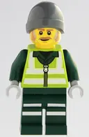 Minifigurka: CTY1964:  Recycling Worker - Male, Lime Safety Jacket with Reflective Stripes, Dark Green Legs with Reflective Stripes, Dark Bluish Gray Beanie