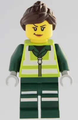 CTY1965:  Recycling Worker - Female, Lime Safety Jacket with Reflective Stripes, Dark Green Legs with Reflective Stripes, Dark Brown Ponytail and Swept Sideways Fringe