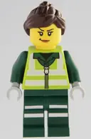 Minifigurka: CTY1965:  Recycling Worker - Female, Lime Safety Jacket with Reflective Stripes, Dark Green Legs with Reflective Stripes, Dark Brown Ponytail and Swept Sideways Fringe