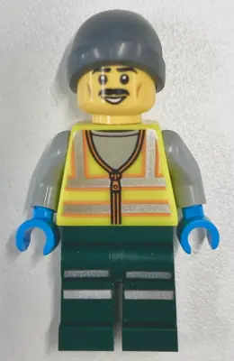 CTY1966:  Snowplow Driver - Male, Neon Yellow Safety Vest with Reflective Stripes, Dark Green Legs with Reflective Stripes, Gray Beanie