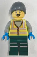 Minifigurka: CTY1966:  Snowplow Driver - Male, Neon Yellow Safety Vest with Reflective Stripes, Dark Green Legs with Reflective Stripes, Gray Beanie