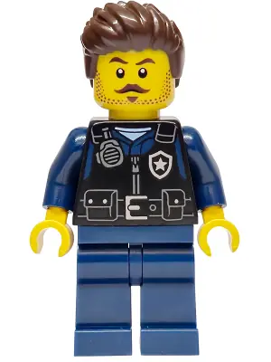 CTY1968:  Police - City Officer Male, Black Safety Vest with Silver Star Badge Logo, Dark Blue Legs, Dark Brown Wavy Hair