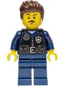 Minifigurka: CTY1968:  Police - City Officer Male, Black Safety Vest with Silver Star Badge Logo, Dark Blue Legs, Dark Brown Wavy Hair