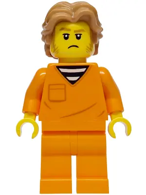 CTY1970:  Police - City Jail Prisoner Male, Orange Prison Jumpsuit, Medium Nougat Wavy Hair, Sideburns, Orange Glasses
