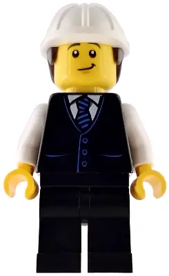 CTY1971:  Construction Engineer / Architect - Male, Black Vest with Blue Striped Tie, Black Legs, White Construction Helmet with Dark Brown Hair, Lopsided Grin