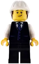 Minifigurka: CTY1971:  Construction Engineer / Architect - Male, Black Vest with Blue Striped Tie, Black Legs, White Construction Helmet with Dark Brown Hair, Lopsided Grin