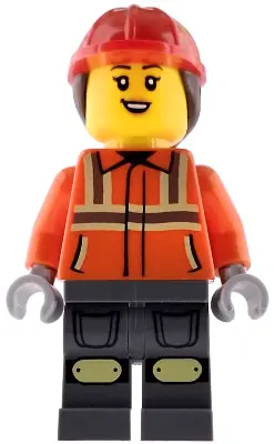 CTY1972:  Construction Worker - Female, Reddish Orange Safety Jacket with Reflective Stripes, Dark Bluish Gray Legs, Red Construction Helmet with Dark Brown Ponytail Hair, Open Mouth Smile with Top Teeth