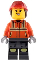 Minifigurka: CTY1972:  Construction Worker - Female, Reddish Orange Safety Jacket with Reflective Stripes, Dark Bluish Gray Legs, Red Construction Helmet with Dark Brown Ponytail Hair, Open Mouth Smile with Top Teeth