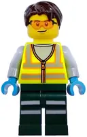 Minifigurka: CTY1973:  Service Truck Driver - Male, Neon Yellow Safety Vest with Reflective Stripes, Dark Green Legs with Reflective Stripes, Dark Brown Hair