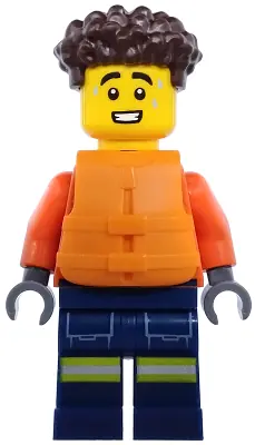 CTY1974:  Coast Guard City - Male, Reddish Orange Jacket with Pockets and Reflective Stripes, Dark Blue Legs with Pockets and Reflective Stripes, Orange Life Jacket, Dark Brown Hair
