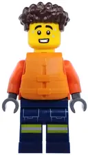 Minifigurka: CTY1974:  Coast Guard City - Male, Reddish Orange Jacket with Pockets and Reflective Stripes, Dark Blue Legs with Pockets and Reflective Stripes, Orange Life Jacket, Dark Brown Hair