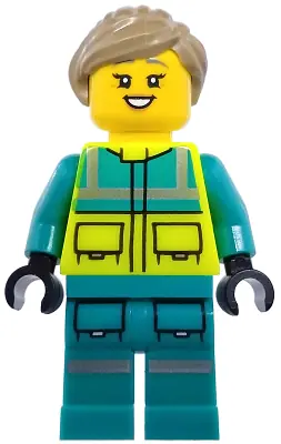 CTY1975:  Paramedic - Female, Dark Turquoise and Neon Yellow Safety Vest, Legs with Silver Reflective Stripes, Dark Tan Hair