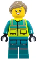 Minifigurka: CTY1975:  Paramedic - Female, Dark Turquoise and Neon Yellow Safety Vest, Legs with Silver Reflective Stripes, Dark Tan Hair