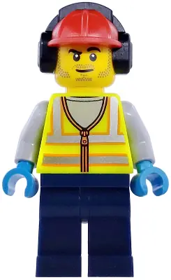 CTY1976:  Airport Worker - Male, Neon Yellow Safety Vest with Reflective Stripes, Dark Blue Legs, Red Construction Helmet with Black Ear Protectors / Headphones, Stubble