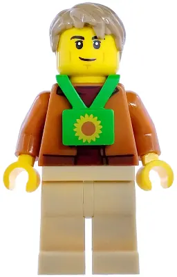 CTY1978:  Plane Passenger - Male, Dark Orange Jacket, Tan Legs, Bright Green Sunflower Lanyard, Dark Tan Hair