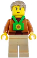 Minifigurka: CTY1978:  Plane Passenger - Male, Dark Orange Jacket, Tan Legs, Bright Green Sunflower Lanyard, Dark Tan Hair