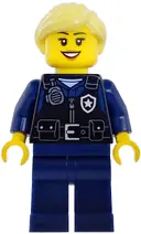 Minifigurka: CTY1979:  Airport Security Guard - Female, Black Safety Vest with Silver Star Badge Logo, Dark Blue Legs, Bright Light Yellow Hair Ponytail