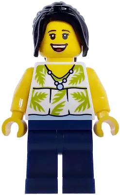 CTY1980:  Plane Passenger - Female, White Sleeveless Top with Lime Palm Leaves, Dark Blue Legs, Black Hair Ponytail