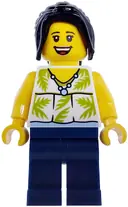 Minifigurka: CTY1980:  Plane Passenger - Female, White Sleeveless Top with Lime Palm Leaves, Dark Blue Legs, Black Hair Ponytail