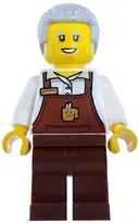 Minifigurka: CTY1981:  Barista - Male, Reddish Brown Apron with Cup and Name Tag, Reddish Brown Legs, Light Bluish Gray Hair Coiled