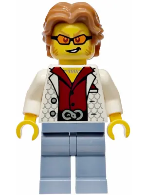 CTY1986:  Police - City Bandit Crook Male, White Vest, Medium Nougat Wavy Hair, Sideburns, Orange Glasses