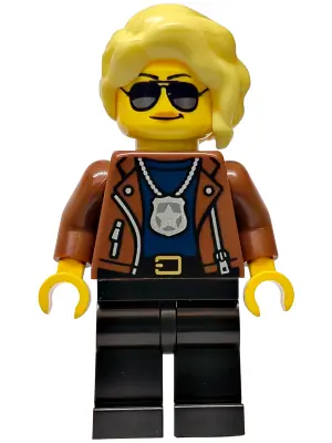 CTY1988:  Police - City Detective Female, Reddish Brown Jacket, Black Legs, Bright Light Yellow Hair