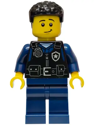 CTY1989:  Police - City Officer Male, Black Safety Vest with Silver Star Badge Logo, Dark Blue Legs, Black Coiled Hair