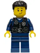 Minifigurka: CTY1989:  Police - City Officer Male, Black Safety Vest with Silver Star Badge Logo, Dark Blue Legs, Black Coiled Hair