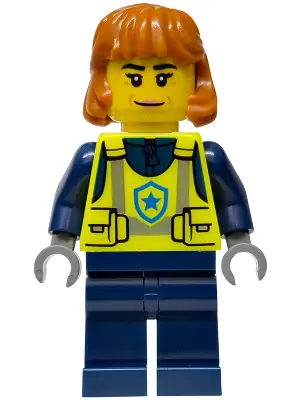 CTY1990:  Police - City Officer Female, Neon Yellow Safety Vest, Dark Blue Legs, Dark Orange Mid Length Hair, Closed Mouth Smile