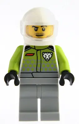 CTY1992:  Go-Kart Driver - Male, Lime Racing Suit with Leopard Logo, Light Bluish Gray Legs, White Helmet, Trans-Clear Visor, Goatee Stubble