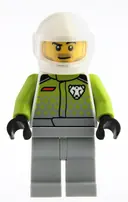 Minifigurka: CTY1992:  Go-Kart Driver - Male, Lime Racing Suit with Leopard Logo, Light Bluish Gray Legs, White Helmet, Trans-Clear Visor, Goatee Stubble
