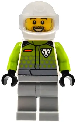 CTY1994:  Race Car Driver - Male, Lime Racing Suit with Leopard Logo, Light Bluish Gray Legs, White Helmet, Trans-Clear Visor, Beard Stubble, Open Mouth Smile