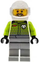 Minifigurka: CTY1994:  Race Car Driver - Male, Lime Racing Suit with Leopard Logo, Light Bluish Gray Legs, White Helmet, Trans-Clear Visor, Beard Stubble, Open Mouth Smile
