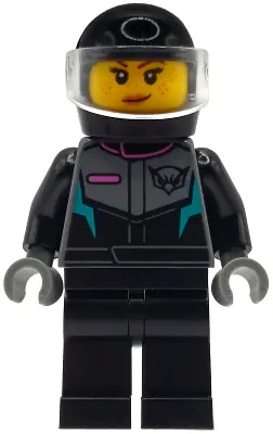 CTY1995:  Jet Pilot - Female, Racing Suit with Hawk Head Logo, Black Legs, Black Helmet, Trans-Clear Visor, Smirk / Wink
