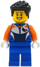 Minifigurka: CTY1996:  Bike Racer - Male, Racing Suit with Shark Head Logo, Blue Legs, Black Hair Short