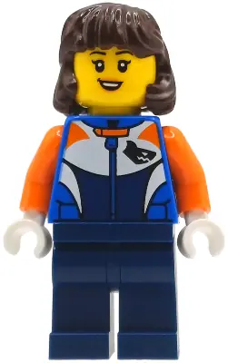 CTY1997:  Bike Racer - Female, Racing Suit with Shark Head Logo, Dark Blue Legs, Dark Brown Hair Mid-Length
