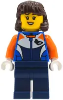 Minifigurka: CTY1997:  Bike Racer - Female, Racing Suit with Shark Head Logo, Dark Blue Legs, Dark Brown Hair Mid-Length