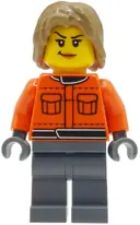 Minifigurka: CTY2000:  Formula 1 Pit Crew Member - Female, Reddish Orange Racing Suit with Pockets, Dark Bluish Gray Legs, Dark Tan Tousled Hair
