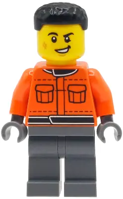 CTY2001:  Formula 1 Pit Crew Member - Male, Reddish Orange Racing Suit with Pockets, Dark Bluish Gray Legs, Black Hair, Scuff Mark